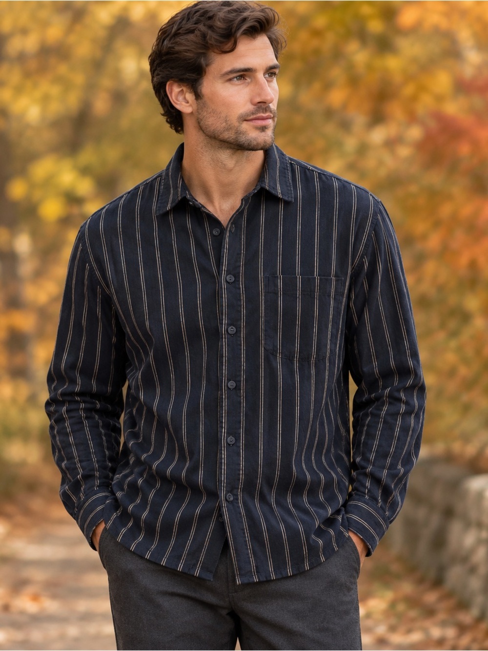 Club Monaco Navy and Cream Vertical-Stripe Button-Down Shirt